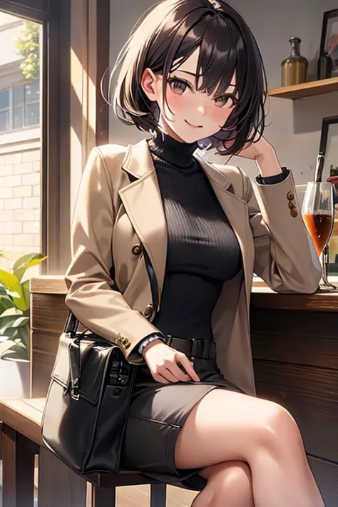 anime girl sitting on a chair in a bar with a glass of wine