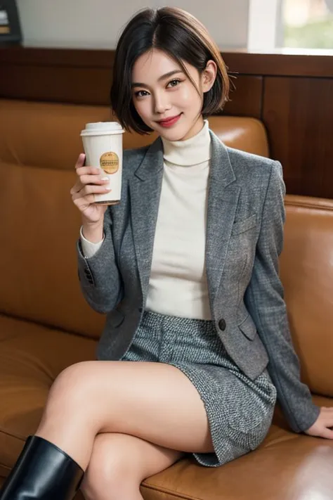 a woman sitting on a couch holding a cup of coffee