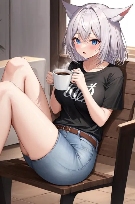 anime girl sitting on a bench with a cup of coffee