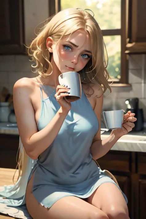 a woman sitting on a counter holding a cup of coffee