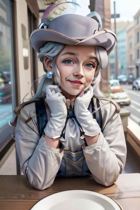 there is a woman sitting at a table with a plate and a hat