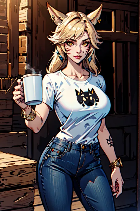 1 girl, solo, large breasts, HoldingACupofCoffee,tshirt, jeans,  Simple-Miqote