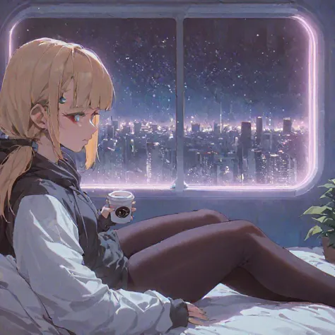 score_9,score_8_up,score_7_up,score_6_up, 1girl, 
 sitting in bed next to a large window, holding coffee cup, holding steaming coffee cup, wearing over sized hoodie, black hoodie, long hair, blonde hair, low ponytail hairstyle, pov from the side, sitting on the bed, hoodie, plants on the windowsill, looking out the window, looking away from viewer, background through window is vast space, galaxy background, wearing tights, leggings, black tights, thick thighs, night sky, night time, starry sky, cyberpunk city view out of the window, neon light, purple neon lights