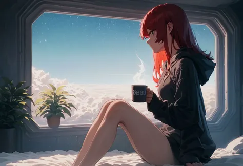 score_9,score_8_up,score_7_up,score_6_up, 1girl, 
 sitting in bed next to a large window, holding coffee cup, steaming coffee cup, wearing over sized hoodie, black hoodie, long hair, red hair, pov from the side, sitting with knees against chest, hoodie over legs, plants on the windowsill, looking out the window, looking away from viewer, background through window is vast space, galaxy background