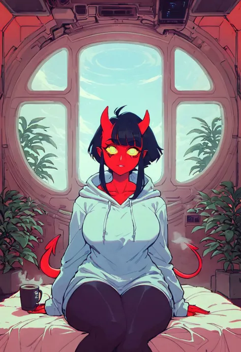 score_9,score_8_up,score_7_up,score_6_up, 1girl, 
 sitting in bed next to a large window, holding coffee cup, holding steaming coffee cup, wearing croptop hoodie, black croptop hoodie, long hair, black hair, blue strip in hair low ponytail hairstyle, red skin, demon girl, small horn on head, devil horns, pov from the side, sitting on the bed, hoodie, plants on the windowsill, looking out the window, looking away from viewer, background through window is vast space, galaxy background, wearing tights, leggings, black tights, thighs, night time, cyberpunk city view out of the window, neon light, purple neon lights, raining outside, heaving rain outside, girl is dry, no rain inside