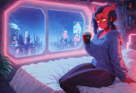 score_9,score_8_up,score_7_up,score_6_up, 1girl, 
 sitting in bed next to a large window, holding coffee cup, holding steaming coffee cup, wearing croptop hoodie, black croptop hoodie, long hair, black hair, blue strip in hair low ponytail hairstyle, red skin, demon girl, small horn on head, devil horns, pov from the side, sitting on the bed, hoodie, plants on the windowsill, looking out the window, looking away from viewer, background through window is vast space, galaxy background, wearing tights, leggings, black tights, thighs, night time, cyberpunk city view out of the window, neon light, purple neon lights, raining outside, heaving rain outside, girl is dry, no rain inside