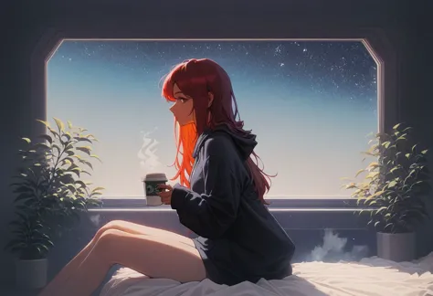 anime girl sitting on bed with cup of coffee looking out window