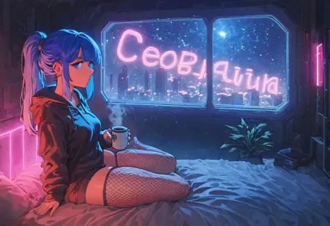 score_9,score_8_up,score_7_up,score_6_up, 1girl, 
 sitting in bed next to a large window, holding coffee cup, holding steaming coffee cup, wearing croptop hoodie, black croptop hoodie, long hair, blue hair, low ponytail hairstyle, pov from the side, sitting on the bed, hoodie, plants on the windowsill, looking out the window, looking away from viewer, background through window is vast space, galaxy background, wearing fishnets, fishnets, black fishnet stockings, thighs, night sky, night time, starry sky, cyberpunk city view out of the window, neon light, purple neon lights