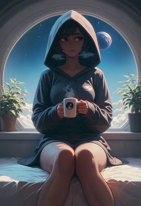 score_9,score_8_up,score_7_up,score_6_up, 1girl, 
 sitting in bed next to a large window, holding coffee cup, steaming coffee cu...