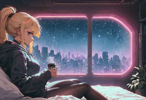 score_9,score_8_up,score_7_up,score_6_up, 1girl, 
 sitting in bed next to a large window, holding coffee cup, holding steaming c...