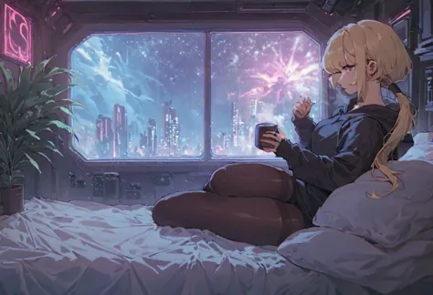 score_9,score_8_up,score_7_up,score_6_up, 1girl, 
 sitting in bed next to a large window, holding coffee cup, holding steaming c...