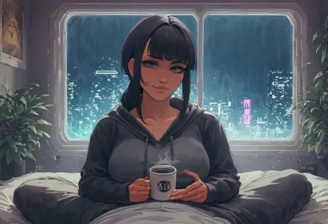 score_9,score_8_up,score_7_up,score_6_up, 1girl, 
 sitting in bed next to a large window, holding coffee cup, steaming coffee cup on windowsill, wearing croptop hoodie, black croptop hoodie, long hair, black hair, low ponytail hairstyle, pov from outside, view from putside the window looking into the room, looking out window, head resting on pillow laying on the bed, hoodie, plants on the windowsill, looking out the window, looking at viewer, background is the bedroom, tidy bedrrom, small room, cramped bedroom, teddies on the bed,, wearing legging, see through thights, black tights, cyberpunk city view out of the window, neon light, purple neon lights, has a vape