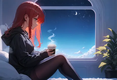 anime girl sitting on bed with coffee and looking out window