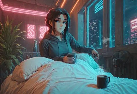 score_9,score_8_up,score_7_up,score_6_up, 1girl, 
 sitting in bed next to a large window, holding coffee cup, steaming coffee cu...