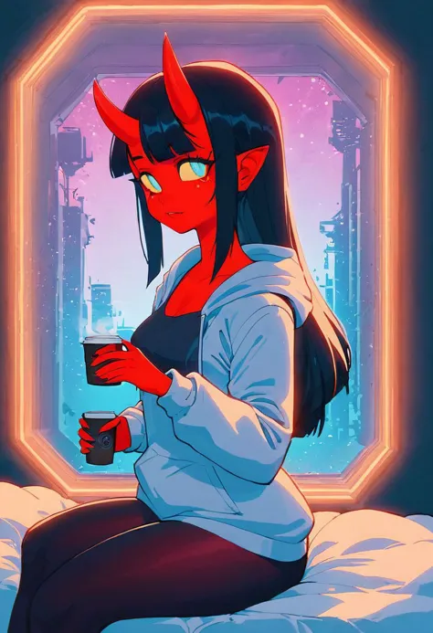 score_9,score_8_up,score_7_up,score_6_up, 1girl, 
 sitting in bed next to a large window, holding coffee cup, holding steaming coffee cup, wearing croptop hoodie, black croptop hoodie, long hair, black hair, blue strip in hair low ponytail hairstyle, red skin, demon girl, small horn on head, devil horns, pov from the side, sitting on the bed, hoodie, plants on the windowsill, looking out the window, looking away from viewer, background through window is vast space, galaxy background, wearing tights, leggings, black tights, thighs, night time, cyberpunk city view out of the window, neon light, purple neon lights, raining outside, heaving rain outside, girl is dry, no rain inside