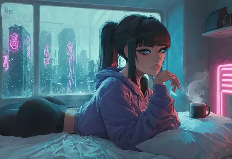 score_9,score_8_up,score_7_up,score_6_up, 1girl, 
 sitting in bed next to a large window, holding coffee cup, steaming coffee cup on windowsill, wearing croptop hoodie, black croptop hoodie, long hair, black hair, low ponytail hairstyle, pov from outside, view from putside the window looking into the room, looking out window, head resting on pillow laying on the bed, hoodie, plants on the windowsill, looking out the window, looking at viewer, background is the bedroom, tidy bedrrom, small room, cramped bedroom, teddies on the bed,, wearing legging, see through thights, black tights, cyberpunk city view out of the window, neon light, purple neon lights, has a vape