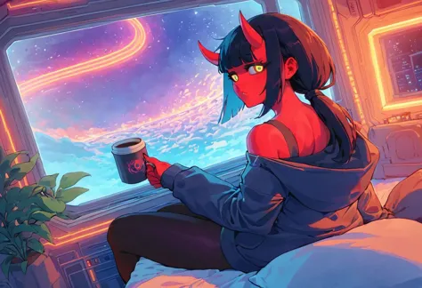 score_9,score_8_up,score_7_up,score_6_up, 1girl, 
 sitting in bed next to a large window, holding coffee cup, holding steaming coffee cup, wearing croptop hoodie, black croptop hoodie, long hair, black hair, blue strip in hair low ponytail hairstyle, red skin, demon girl, small horn on head, devil horns, pov from the side, sitting on the bed, hoodie, plants on the windowsill, looking out the window, looking away from viewer, background through window is vast space, galaxy background, wearing tights, leggings, black tights, thighs, night time, cyberpunk city view out of the window, neon light, purple neon lights, raining outside, heaving rain outside, girl is dry, no rain inside