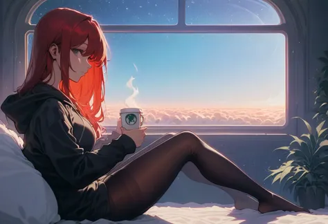 score_9,score_8_up,score_7_up,score_6_up, 1girl, 
 sitting in bed next to a large window, holding coffee cup, steaming coffee cup, wearing over sized hoodie, black hoodie, long hair, red hair, pov from the side, sitting with knees against chest, hoodie over legs, plants on the windowsill, looking out the window, looking away from viewer, background through window is vast space, galaxy background, wearing tights, leggings, black tights