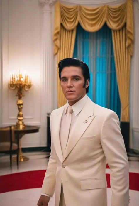 (Elvis Presley as US President from another dimension inside white house)(dodge and burn, corner edge darken vignette)(exposure ...