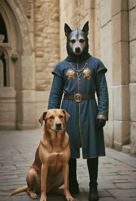 ((Espectacular fotografía analógica en color de un perro con cabeza de perro en el cuerpo de un hombre.))((Christopher, santo con cabeza de perro)(Mandog medieval híbrido canino-humano cánido cynocephalus))
exposición-ral 
 