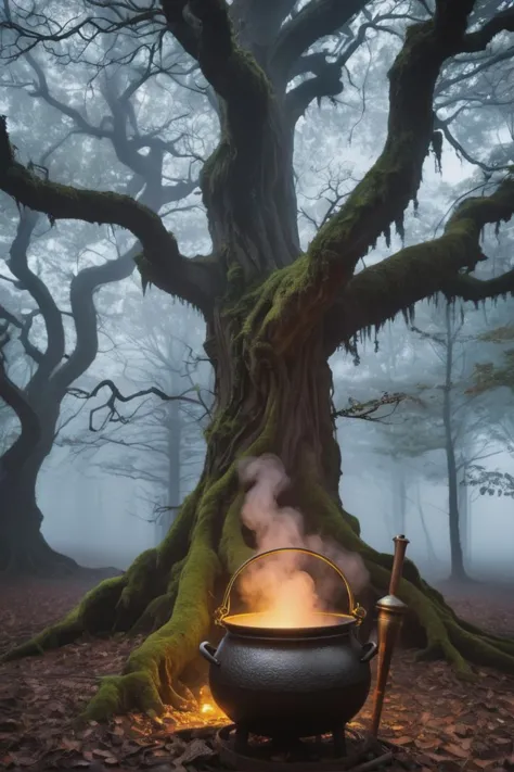 Twisted trees, mystical fog, the person brewing potions, detailed magical artifacts, realistic cauldron steam, high-quality eeri...
