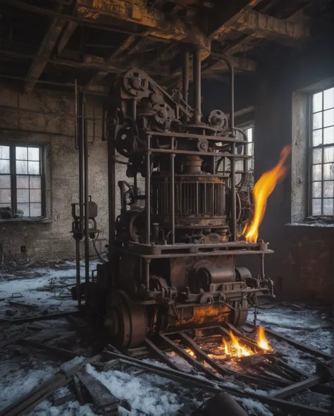 A forsaken industrial complex, its machinery frozen in time amidst the ruins, eerie shadows cast by flickering flames, a surreal...
