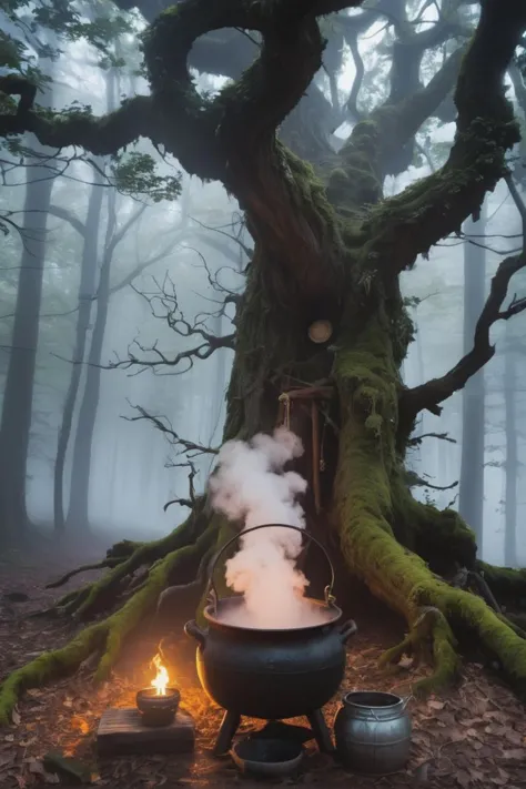 Twisted trees, mystical fog, the person brewing potions, detailed magical artifacts, realistic cauldron steam, high-quality eerie vibes. (NSFW)