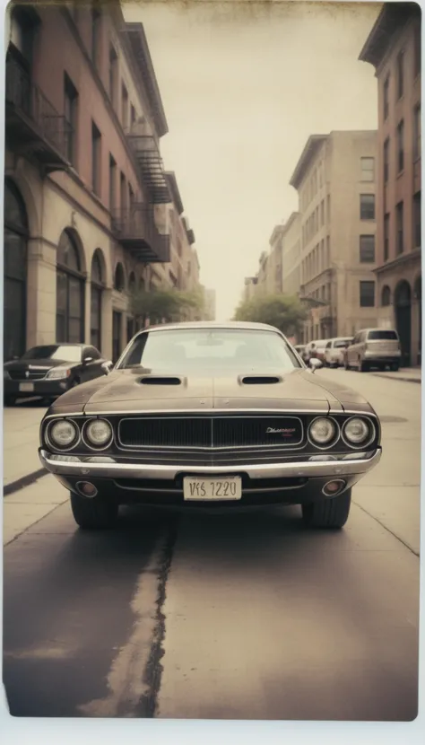 Old-style Polaroid photo showcasing the intricate details of a Dodge Challenger, vintage filter overlay, meticulously aged model...
