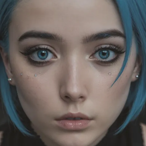 Portrait, close up, photo of a young woman, blue hair, dark eyeliner, very sad, tears running down her face, photography, detail...