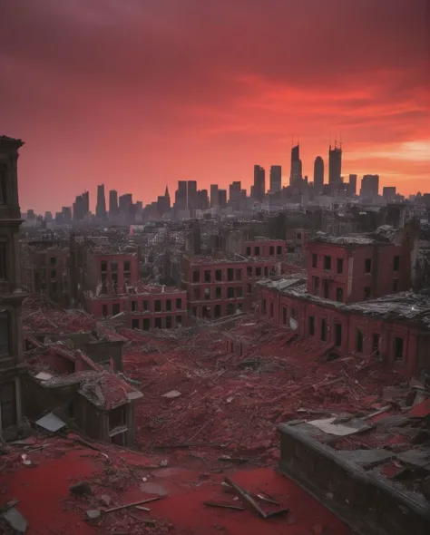 A devastated city skyline, silhouetted against a blood-red sky, its once-grand buildings now reduced to rubble, while ghostly echoes of the past reverberate through the desolate streets. (((devastated city skyline))) (((blood-red sky))) (((reduced rubble))) (((ghostly echoes))).