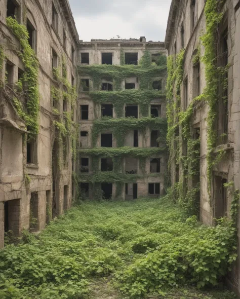 A forsaken urban sprawl, consumed by nature's reclamation, where vines snake through broken buildings, contrasting with the remn...