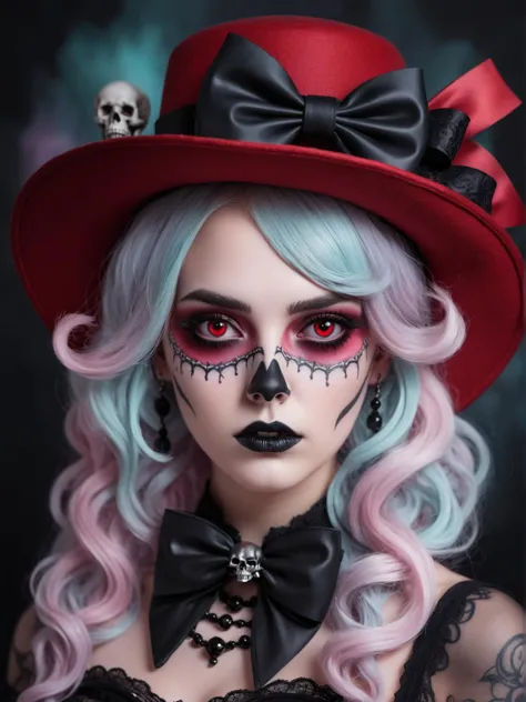 pastel goth aesthetic the image showcases a digital art piece featuring a beautiful 24 year old adult woman with striking red ey...