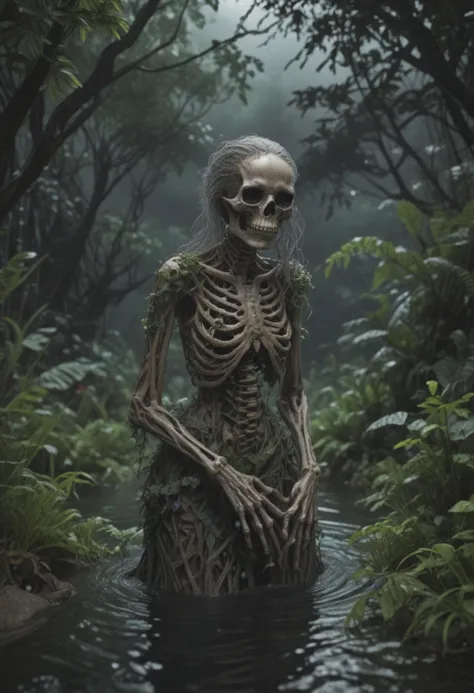 nature shot with wide shot of a dark jungle scene,an skeleton of a tired old witch wearing loose gown dipping her hands in water...
