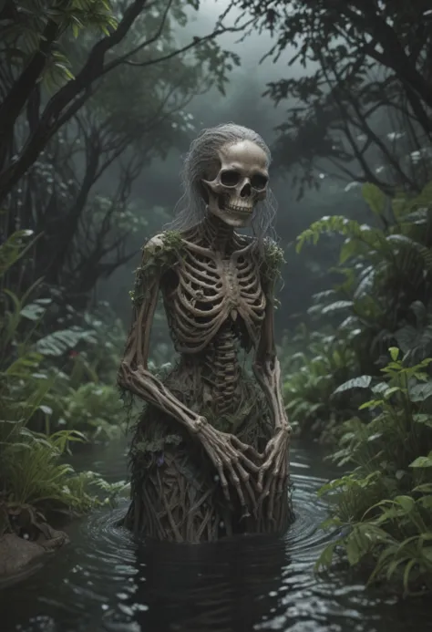 nature shot with wide shot of a dark jungle scene,an skeleton of a tired old witch wearing loose gown dipping her hands in water between the bushes,(high mist),midnight,dark lit,intense gaze,tension,perfect composition,masterpiece,best quality,Outdoors,greenery,natural light,fresh,vivid contrast,vivid color,Hyperrealistic art cinematic film still photography in the style of detailed hyperrealism photoshoot,