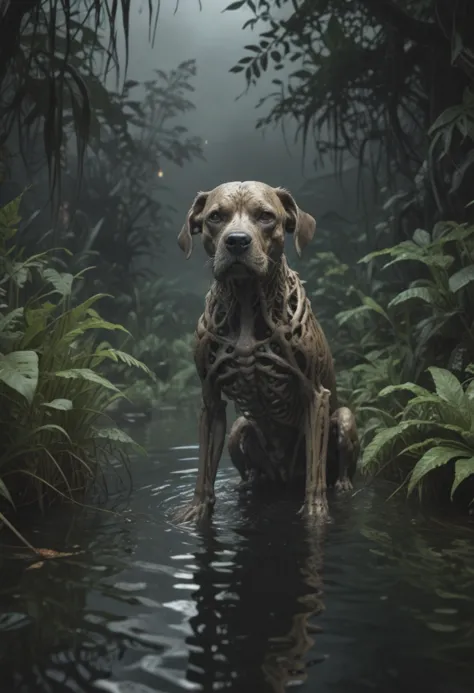 nature shot with wide shot of a dark jungle scene,an skeleton of a tired old dog in water between the bushes,(high mist),midnigh...