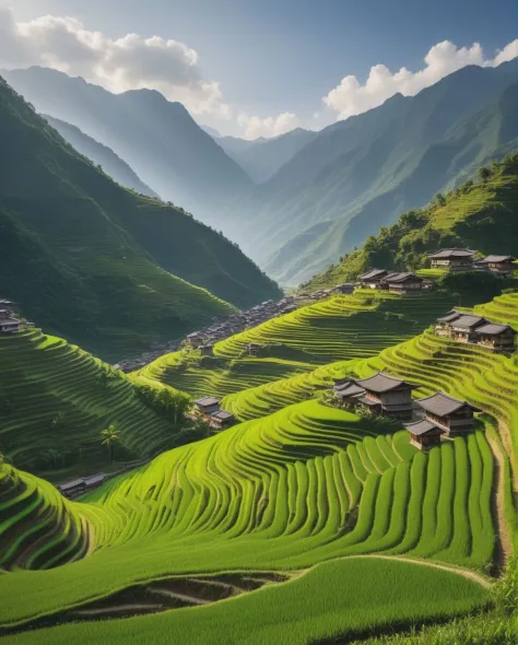 A detailed panorama of a village nestled in a valley, each terraced field and winding path capturing the laborious yet picturesq...
