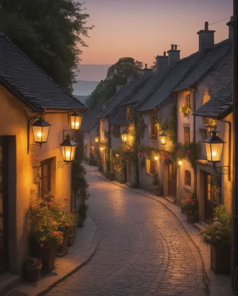 A detailed village at twilight, the warm glow of lantern-lit streets revealing every nook and cranny, capturing the enchanting a...