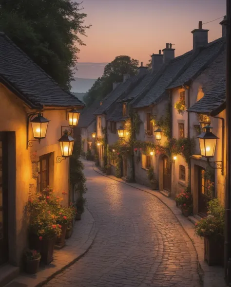 A detailed village at twilight, the warm glow of lantern-lit streets revealing every nook and cranny, capturing the enchanting ambiance of an evening in the countryside (twilight enchantment:0.9, lantern-lit streets:0.8, detailed ambiance:0.7).