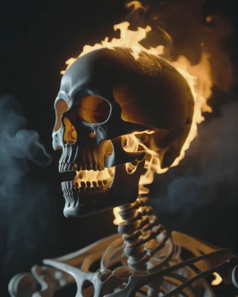 fire breathing skeleton head, (fire in eyes), (luminescence:0.5), ray tracing light, (dark night), misty rain, smoke documentary movie shot, ((long distance shot)) sharp focus