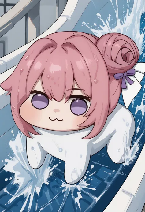 water slide,splashing,water,wet, doro, creature, :3, chibi, pink hair, purple eyes, hair bun, hair bow, no humans, white skin, four legs, solid circle eyes, no pupils, upside-down, all fours, 
score_9,score_7_up <lora:water_slide_V1_edited_edited:1> <lora:Doro_X_PDXL_V1:1>