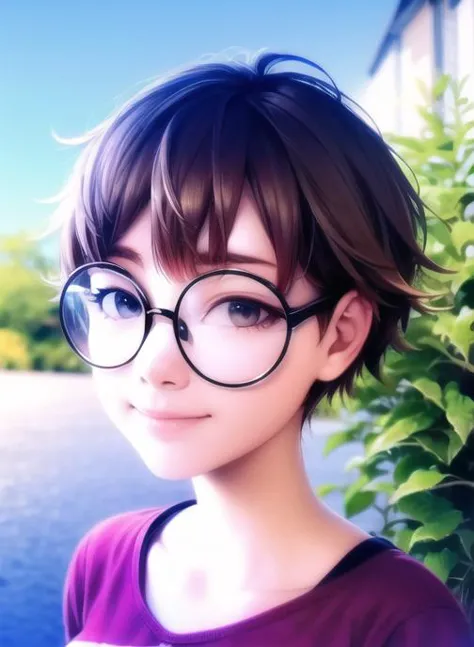 a close up of a person wearing glasses near a tree