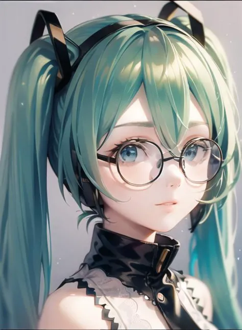 anime girl with green hair and glasses posing for a picture