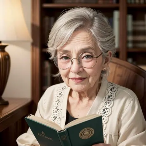 ((masterpiece, best quality, ultra detailed, an extremely delicate and beautiful, hyper realistic, photo)), 
action, 1girl, solo, ((cowboy shot,  detailed face and thigh)), 
((80yo, old woman)) ,
smile, 
round glasses,  reading a book in the library, old woman in an easy chair,
