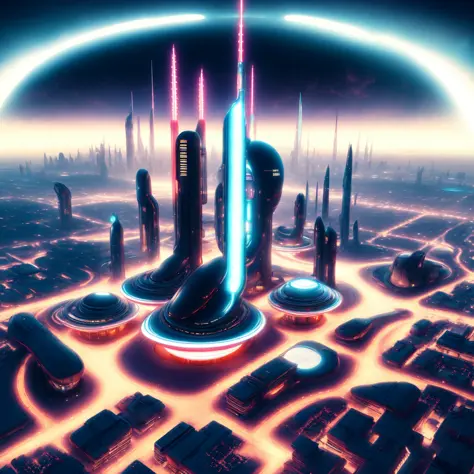 (atompunk style:1) an artist's rendering of a futuristic city at night <lora:Atompunk:0.8>