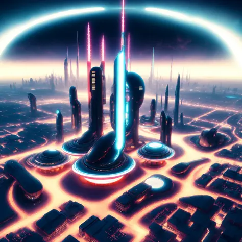 (atompunk style:1) an artist's rendering of a futuristic city at night <lora:atompunk:0.8>