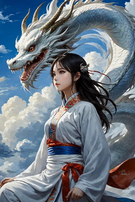 masterpiece, best quality, 1girl,  <lora:kwFemale_Beta40-SDXL_v1:1>, white, chinese dragon, sky, cloud
