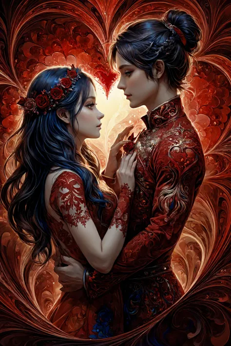 art officiel, détails les plus élevés, beau et esthétique, art fractal, Coloré,
chef-d&#39;œuvre, Meilleure qualité, 1fille,  rouge, Valentin, amour, couple,