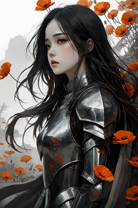 linquivera, coquelicot, beautiful woman, sorrowful expression, faded elegance, poignant atmosphere, lost beauty, melancholic aura, hauntingly captivating, timeless grief, stark contrast, delicate decay, line art, backlighting, wind, backlighting, stardust, (wind:1.2), knight, orange blood, kwf, chinese