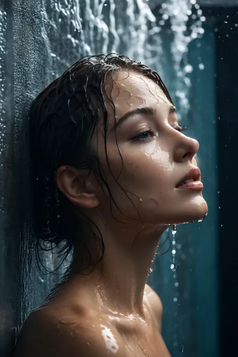 A beautiful woman's face slowly emerges from a wall of water, wet, glistening, side view, profile