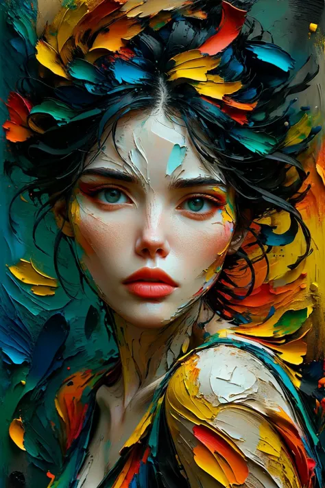 a stunning woman, art of brut style, characteized by bright and bold colors, thick textured paint, intense black strokes, and astonished details ral-drptpl 